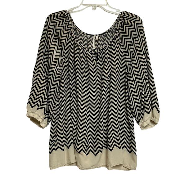 Grand & Greene Pullover Blouse, 3/4 Sleeve, Black & Cream Chevron, Size XL - Picture 1 of 12